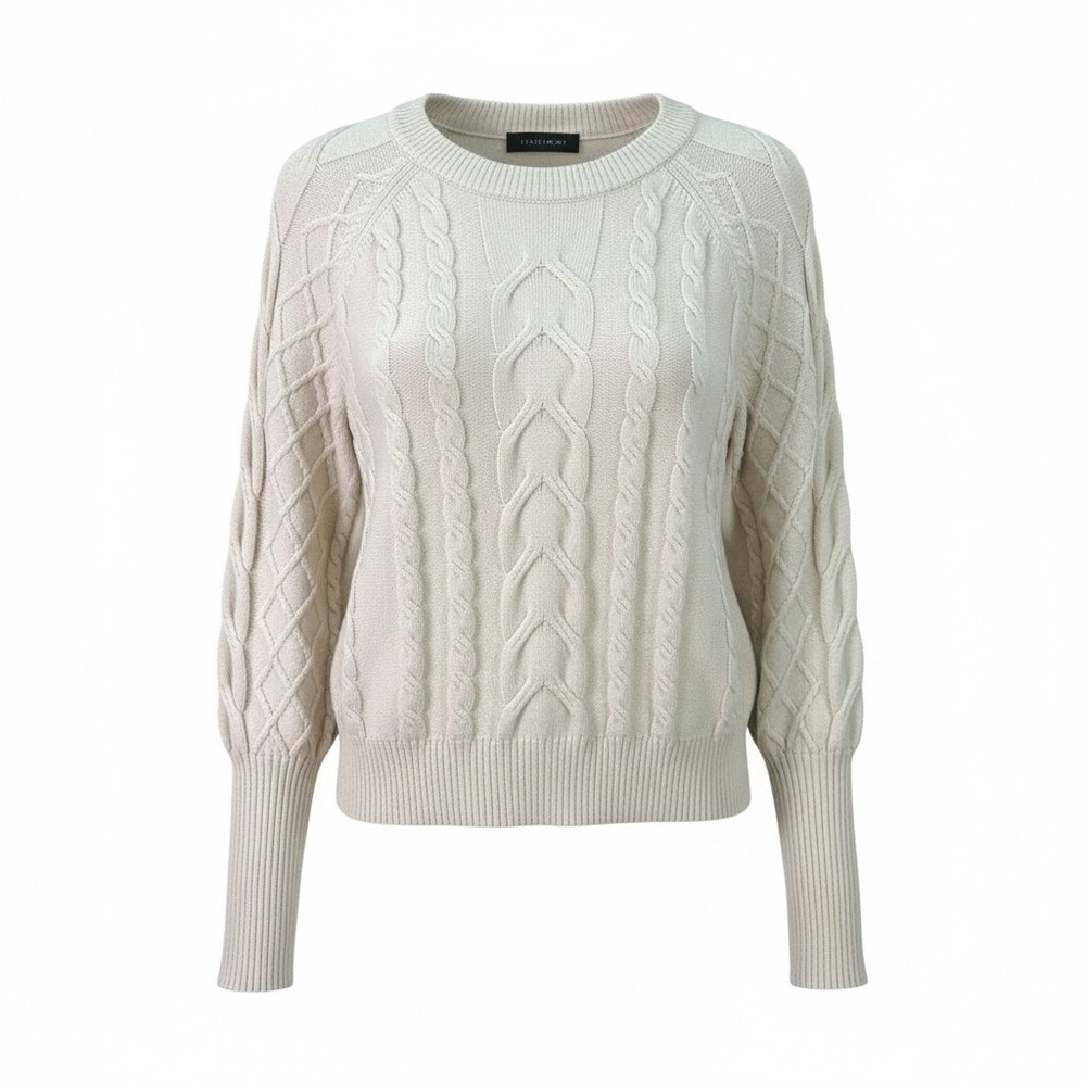 Tahari Cable Knit Sweater Cream Textured Pullover Women's Medium Balloon Sleeve‎